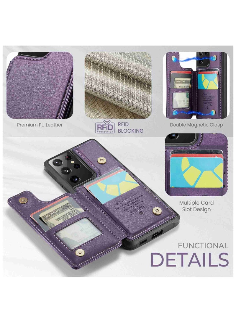 Wallet Case for Samsung Galaxy S21 Ultra, Premium Handmade Durable PU Leather Slim Shockproof Case with [Double Magnetic Clasp] [Card Holder] [Kickstand] [RFID Blocking] (Purple)