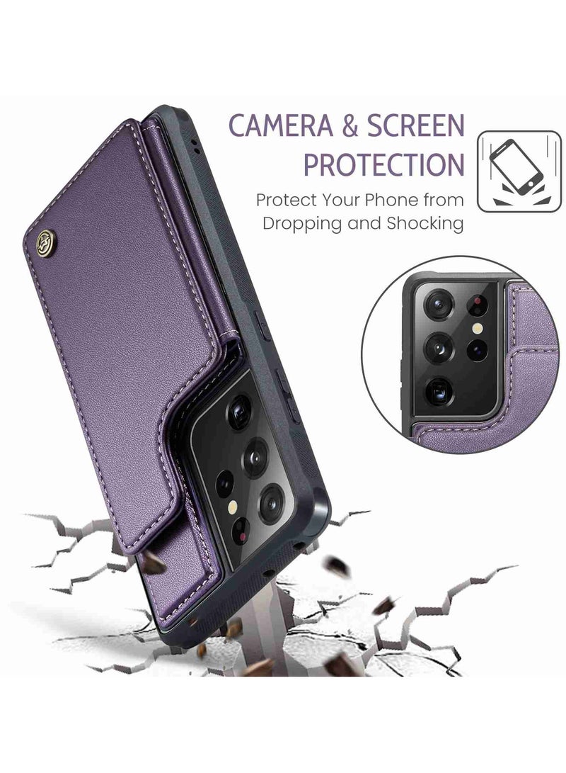 Wallet Case for Samsung Galaxy S21 Ultra, Premium Handmade Durable PU Leather Slim Shockproof Case with [Double Magnetic Clasp] [Card Holder] [Kickstand] [RFID Blocking] (Purple)