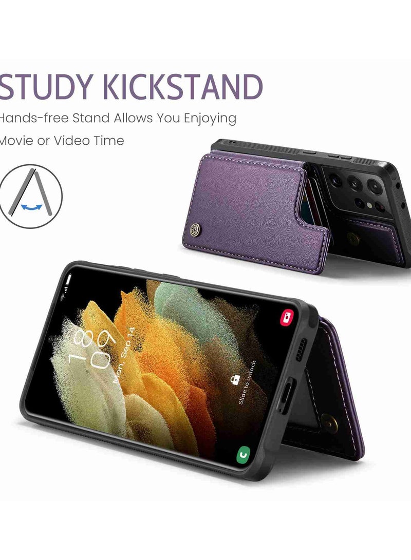 Wallet Case for Samsung Galaxy S21 Ultra, Premium Handmade Durable PU Leather Slim Shockproof Case with [Double Magnetic Clasp] [Card Holder] [Kickstand] [RFID Blocking] (Purple)