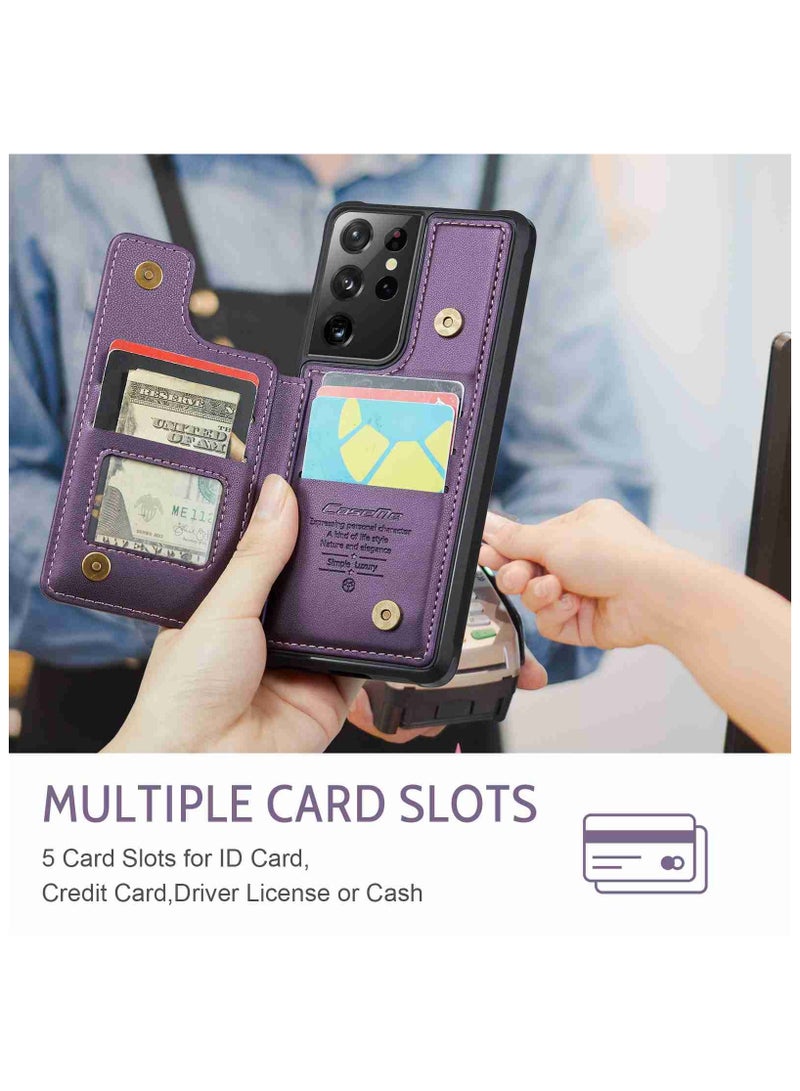 Wallet Case for Samsung Galaxy S21 Ultra, Premium Handmade Durable PU Leather Slim Shockproof Case with [Double Magnetic Clasp] [Card Holder] [Kickstand] [RFID Blocking] (Purple)