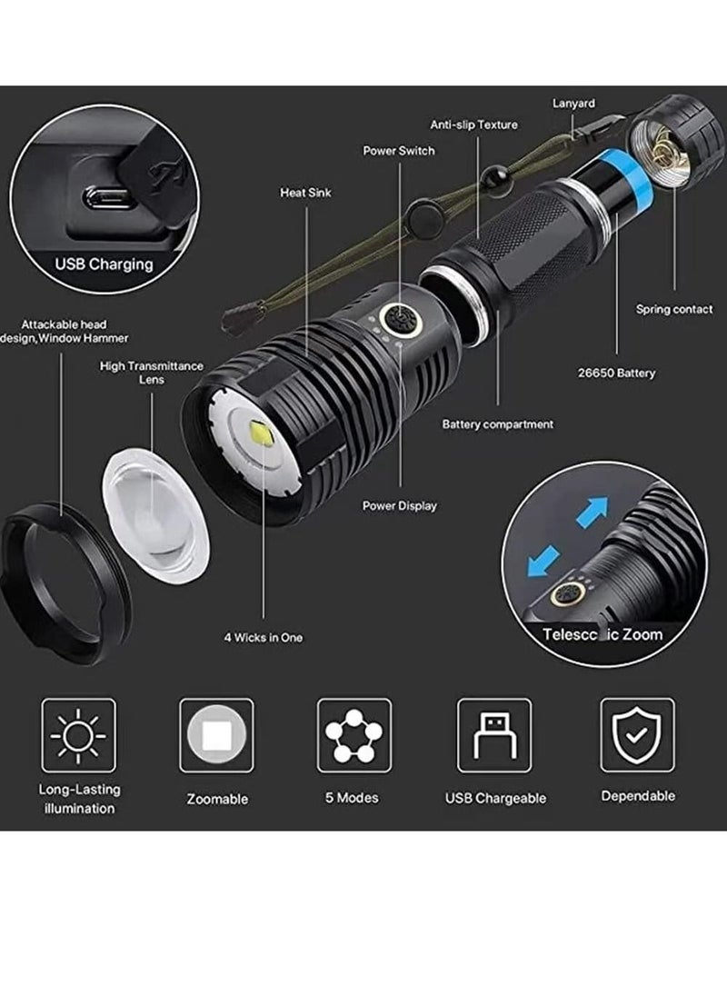 Cool Baby COOLBABY Rechargeable LED Torch High Lumen 90000 Lumen Super Bright Tactical Torch with 5 Light Modes And 26650 Battery Zoom Waterproof Torch With Zoom For Hiking Camping Ride Or Emergency (Black)  - Image 2