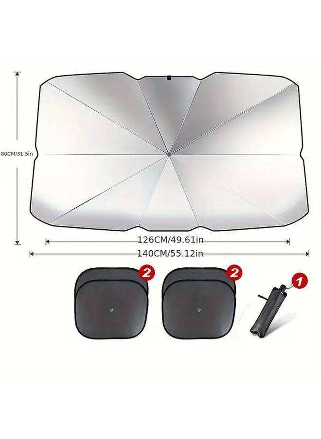 5pcs Car Windshield Sunshade Umbrella And 4 Side Window Screens Thermal Protection Universal Fit - Image 3