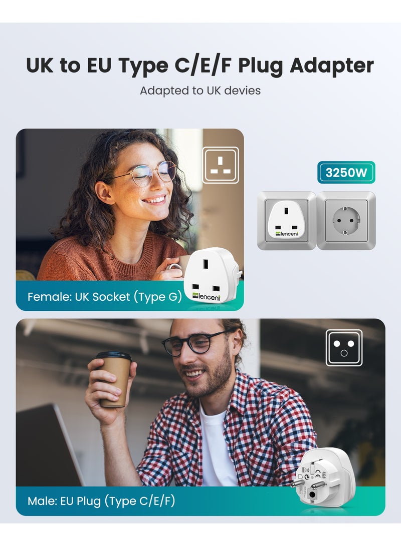 LENCENT 2Pcs UK to EU Euro Europe Plug Adapter, Grounded European Travel Adapter for Spain Germany France Portugal Greece Russia Netherlands Turkey and more (Type E/F) - Image 3