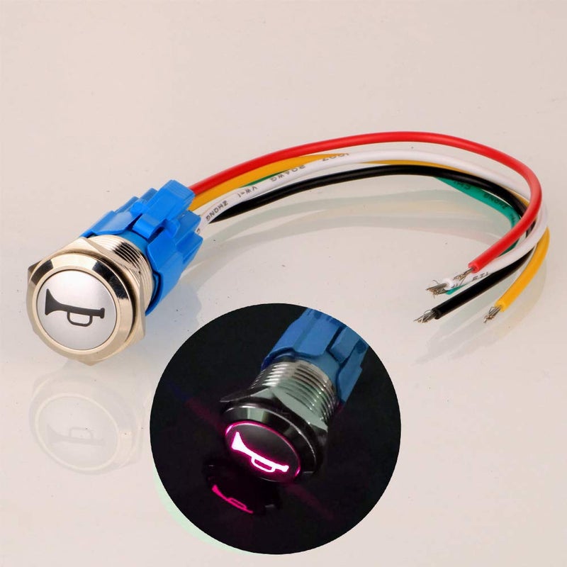 Gebildet مفتاح معدني مقاوم للماء مع ضوء LED أحمر من Gebildet، جهد 12V-24V/5A، قطر 16 مم، مع توصيل مسبق، زر ضغط مؤقت لمكبر الصوت للسيارة والقارب جودة عالمية اقتصادية موثوقة - Image 1