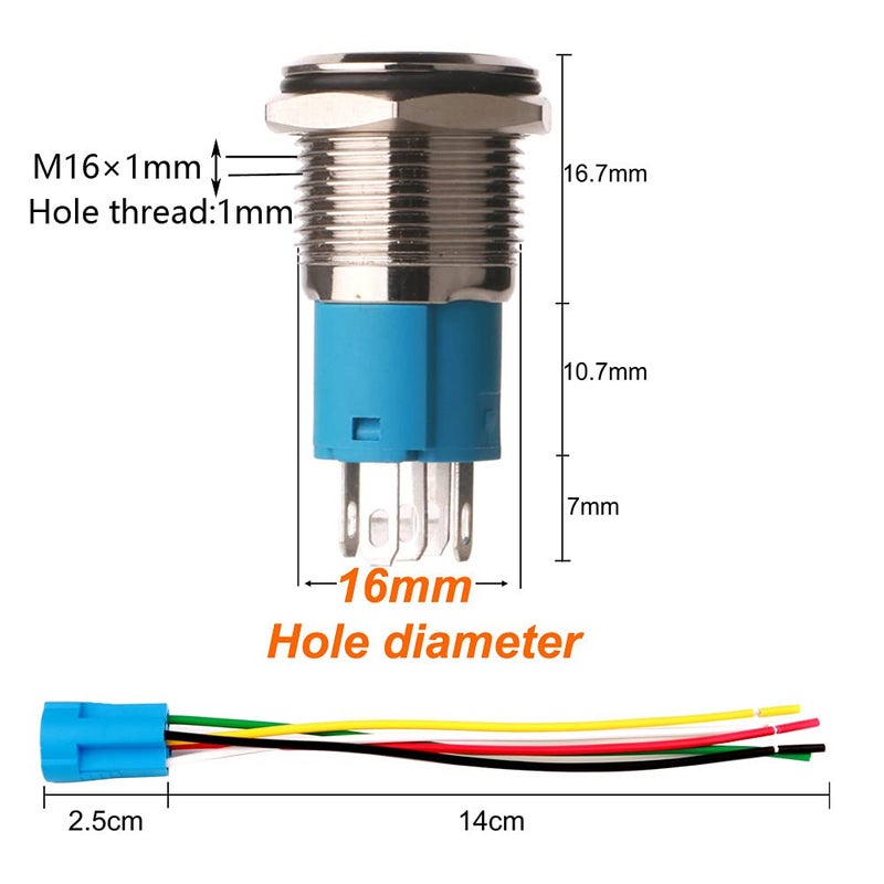 Gebildet مفتاح معدني مقاوم للماء مع ضوء LED أحمر من Gebildet، جهد 12V-24V/5A، قطر 16 مم، مع توصيل مسبق، زر ضغط مؤقت لمكبر الصوت للسيارة والقارب جودة عالمية اقتصادية موثوقة - Image 3