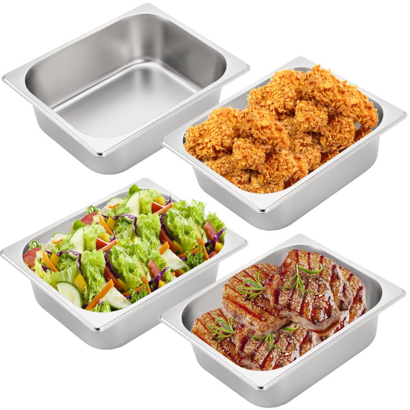 TOPZEA 4 Pack Half Size Hotel Pans 12 Size 4 Deep Stainless Steel Steam Table Pan Catering Food Pan Chafing Dishes Dinner Buffet Server Breading Tray Batter Bowl for Food Prep Breading Restaurant