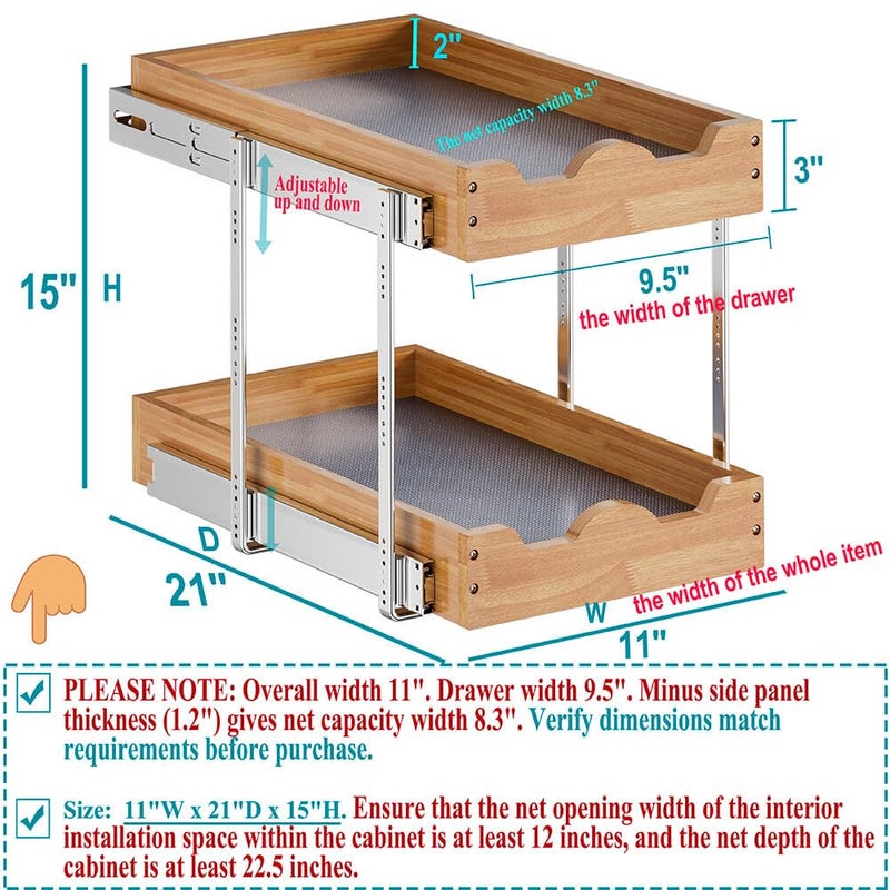 OCG 2 Tier Pull Out Drawers For Cabinets, Double Tier Slide out Wood Cabinet Organizer, Pull Out Shelves for Base Cabinet Organization in Kitchen, Pantry, Bathroom - Image 2