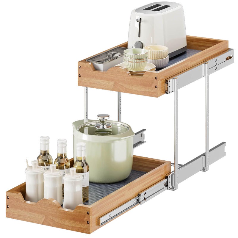 OCG 2 Tier Pull Out Drawers For Cabinets, Double Tier Slide out Wood Cabinet Organizer, Pull Out Shelves for Base Cabinet Organization in Kitchen, Pantry, Bathroom - Image 1