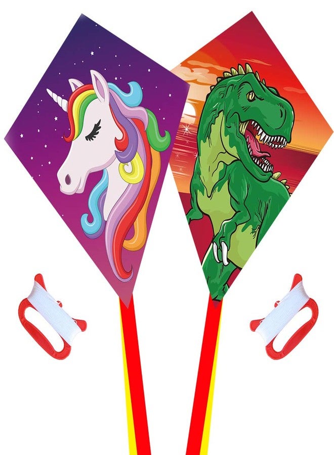 Honbo [2 Pack] Diamond Kites Dinasour+Unicorn Eddy Kite for Children, Wonderful Beginner Kites for 3 Years up, 60x70cm with 2x300cm Long Tails, Kite Handle, 60m String and Swivel incloud - Image 1
