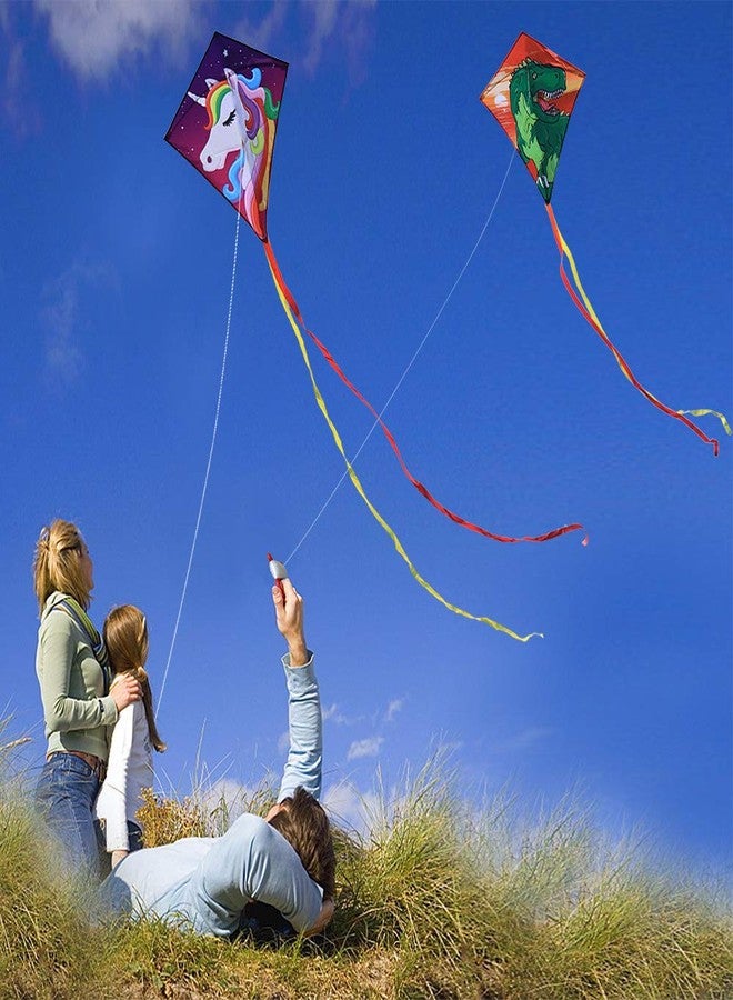 Honbo [2 Pack] Diamond Kites Dinasour+Unicorn Eddy Kite for Children, Wonderful Beginner Kites for 3 Years up, 60x70cm with 2x300cm Long Tails, Kite Handle, 60m String and Swivel incloud - Image 3