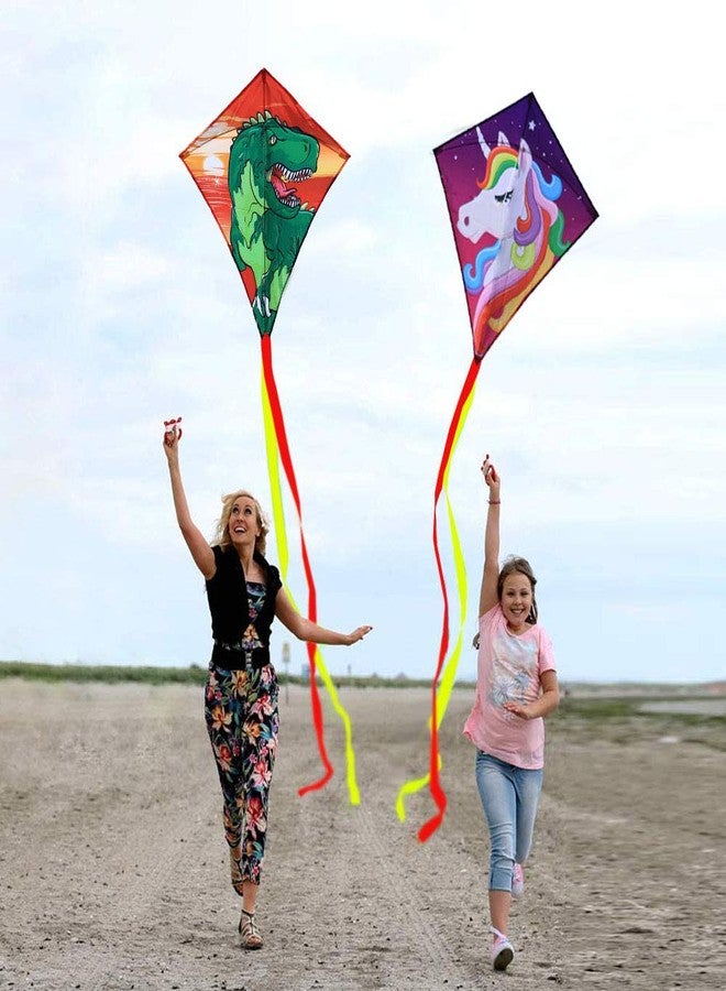 Honbo [2 Pack] Diamond Kites Dinasour+Unicorn Eddy Kite for Children, Wonderful Beginner Kites for 3 Years up, 60x70cm with 2x300cm Long Tails, Kite Handle, 60m String and Swivel incloud - Image 4