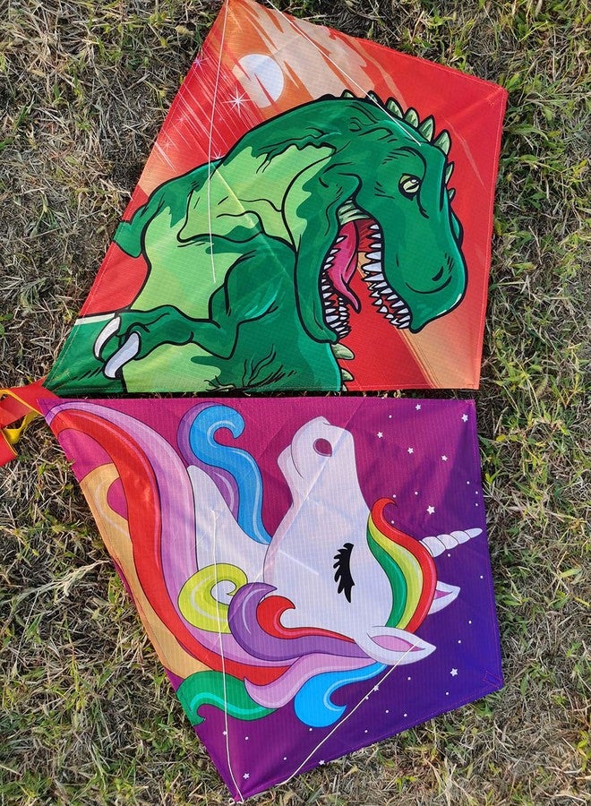 Honbo [2 Pack] Diamond Kites Dinasour+Unicorn Eddy Kite for Children, Wonderful Beginner Kites for 3 Years up, 60x70cm with 2x300cm Long Tails, Kite Handle, 60m String and Swivel incloud - Image 5