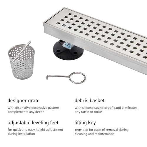 AVSIILE Linear Shower Floor Drain, Brushed Nickel 18 Inch 304 Stainless Steel Bathroom Drains Kit, Long Rectangular Shower Trench Drain with Square Pattern Drain Cover & Hair Catcher - Image 3