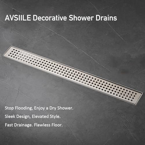 AVSIILE Linear Shower Floor Drain, Brushed Nickel 18 Inch 304 Stainless Steel Bathroom Drains Kit, Long Rectangular Shower Trench Drain with Square Pattern Drain Cover & Hair Catcher - Image 4