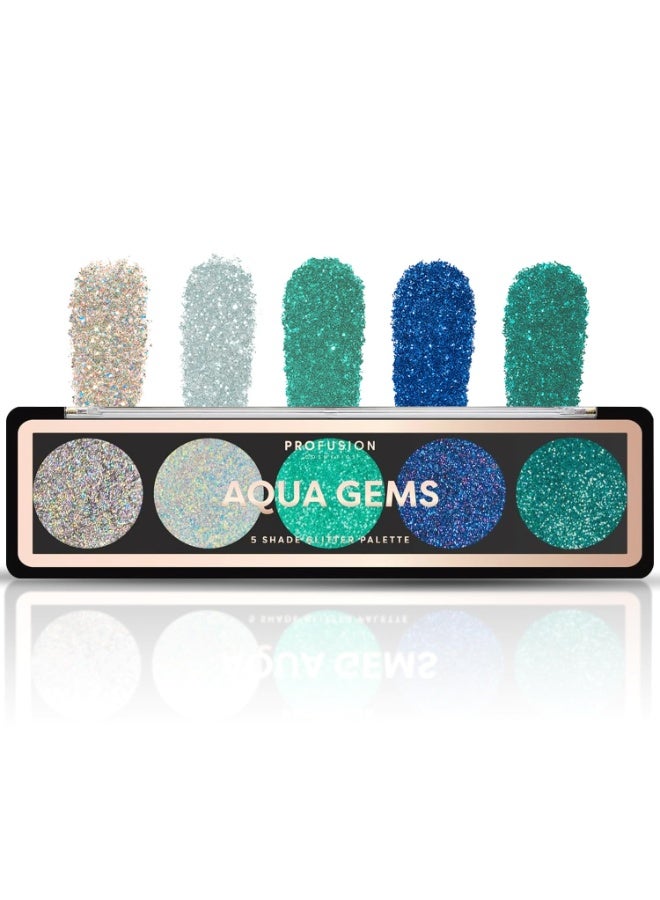 Profusion Cosmetics Glitter Eye Shadow Palette, 5 Shades of Gems - Aqua Gems (4.5g) - Image 1