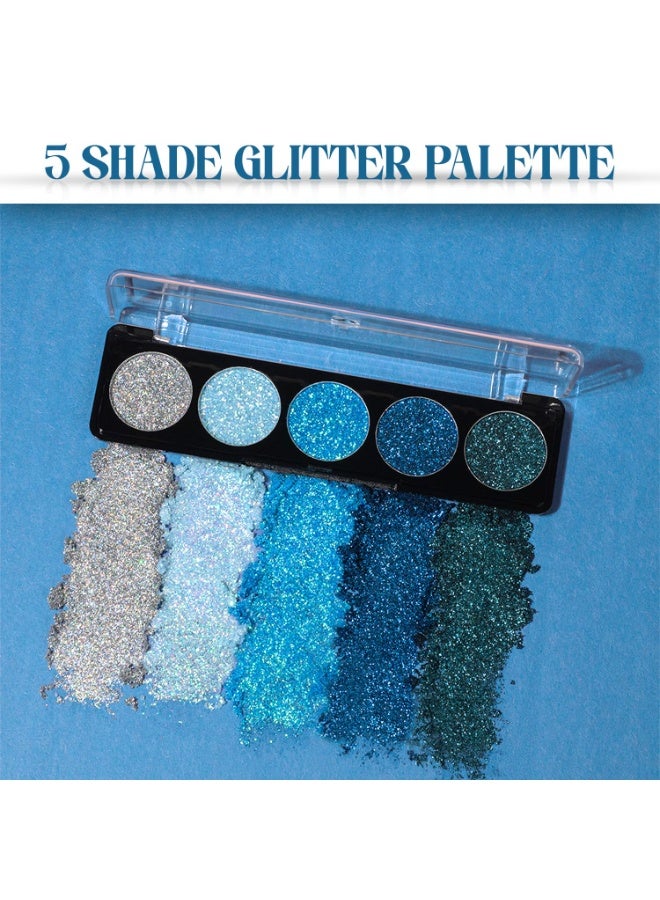 Profusion Cosmetics Glitter Eye Shadow Palette, 5 Shades of Gems - Aqua Gems (4.5g) - Image 2