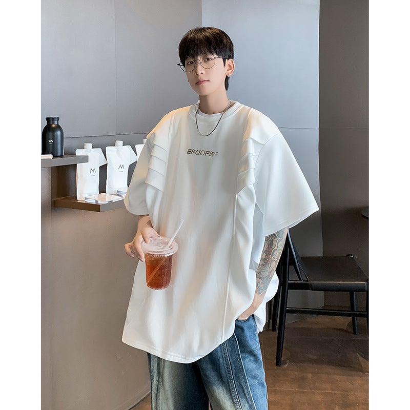 High Street Original Niche Design Multi-Level Structure Shoulder Pad Short Sleeve Simple All-Match Men'S And Women'S Casual T-Shirt - Image 4