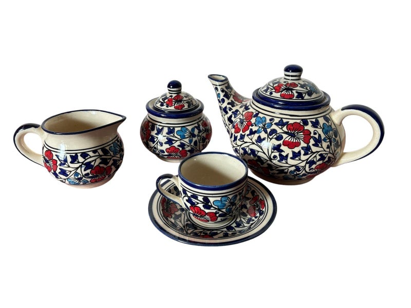 Mirakii Ceramic Multicoloured Hand Printed Tea Set of 15 Pieces, Set of 6 Tea Cup and Coaster with Tea, Milk and Sugar Pot - Image 1