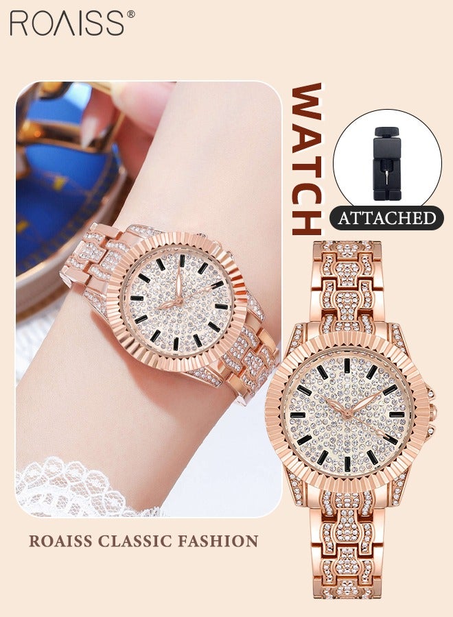 roaiss Steel Strap Quartz Watch for Women Analog Display Round Dial with Rhinestones Decoration Waterproof Luxurious Wristwatch as Gift for Ladies - Image 1