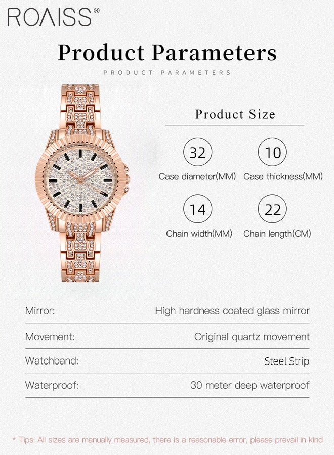 roaiss Steel Strap Quartz Watch for Women Analog Display Round Dial with Rhinestones Decoration Waterproof Luxurious Wristwatch as Gift for Ladies - Image 4