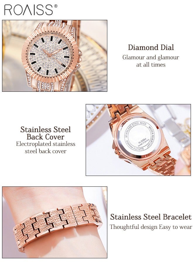 roaiss Steel Strap Quartz Watch for Women Analog Display Round Dial with Rhinestones Decoration Waterproof Luxurious Wristwatch as Gift for Ladies - Image 5
