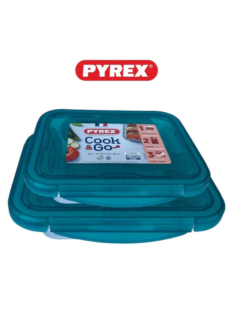 Pyrex Cook & Go Storage Dish Set - 0.8L & 1.9L Rectangular Glass Containers with Airtight Green Lids Green - Image 2