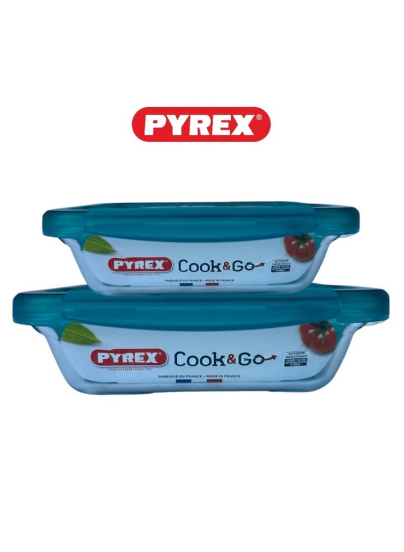 Pyrex Cook & Go Storage Dish Set - 0.8L & 1.9L Rectangular Glass Containers with Airtight Green Lids Green - Image 1