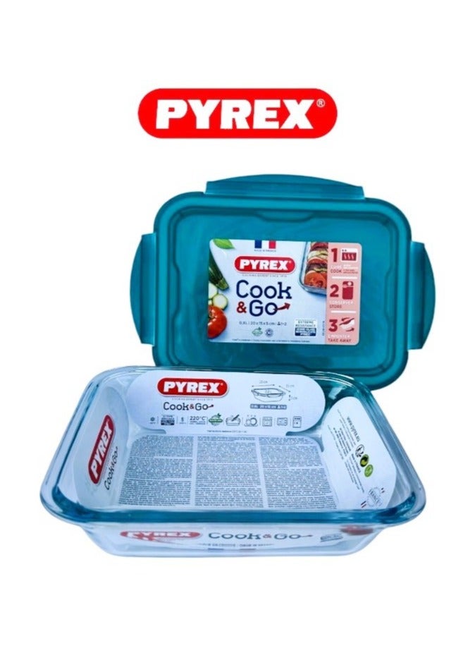 Pyrex Cook & Go Storage Dish Set - 0.8L & 1.9L Rectangular Glass Containers with Airtight Green Lids Green - Image 3