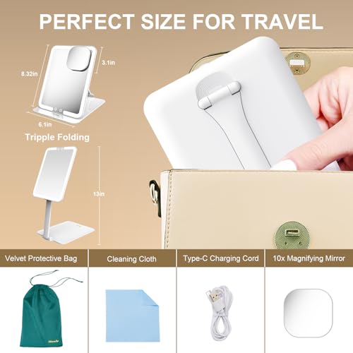 Mocado Travel Makeup Mirror with Light, Tripple Folding Vanity Mirror with Lights, 3 Colors Lighted Makeup Mirror, 1500mAh Rechargeable, Memory Function, Freely Adjust Height and Angle(White) - Image 5