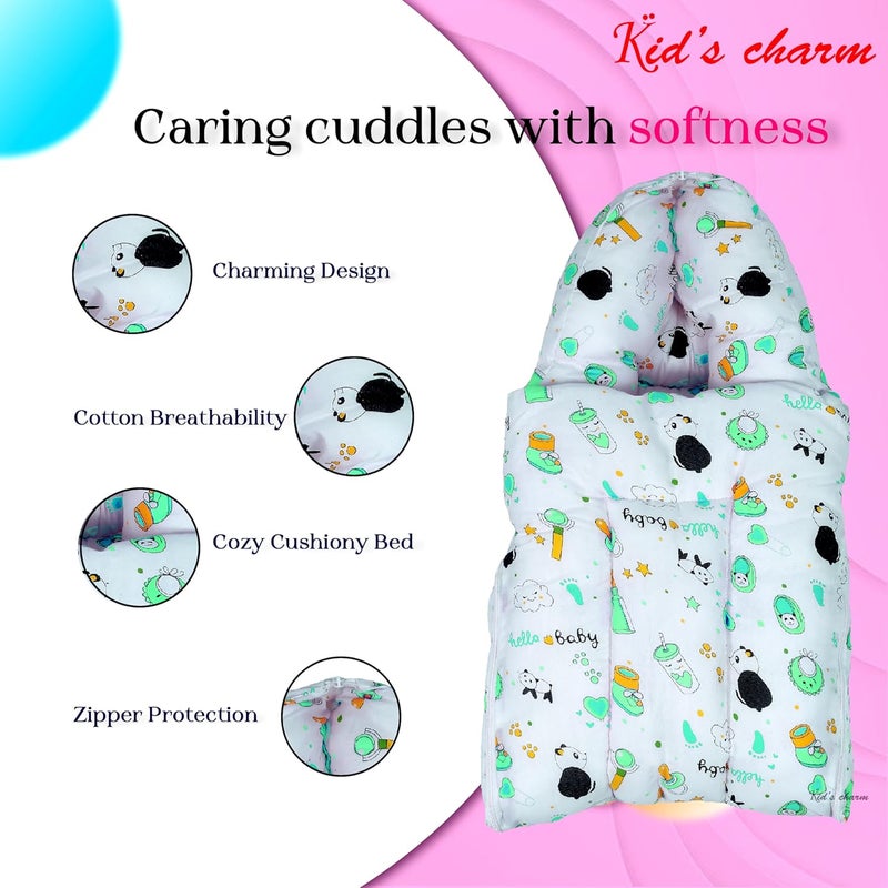 Kid's Charm Kids Charm Panda Mega 3 in 1 Babys Cotton Bed Cum Carry Bed Printed Baby Sleeping BagBaby BedInfant Portable for Unisex Easily Portable Light Weight Carry for New Born 48 Months Old Green - Image 4