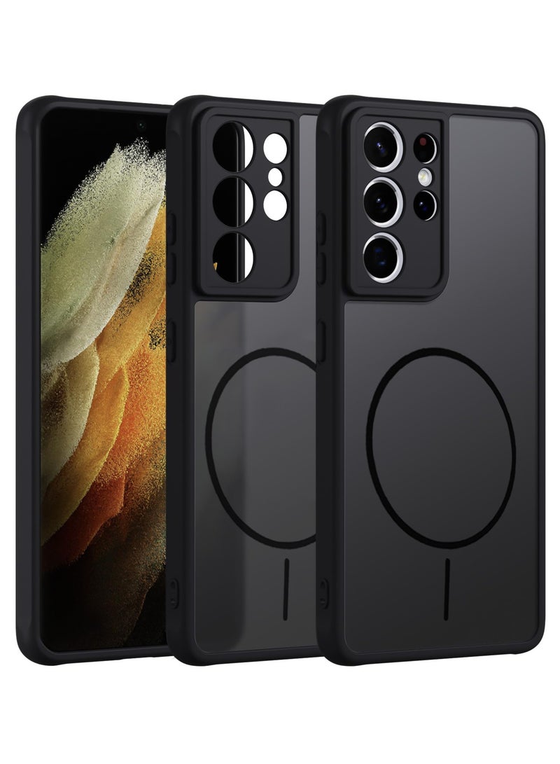 Shockproof Matte Case for Samsung Galaxy S21 Ultra  - Translucent Back Cover with Circular Design and Built-in Camera Protection (Black)