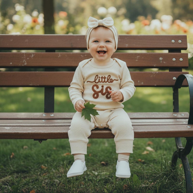 allshope Infant Baby Girl Fall Outfit Sweatshirt Romper Little Sister Lil Sis Long Sleeve Jumpsuit Newborn Clothes (Waffle Little Sis Apricot, Newborn) - Image 2