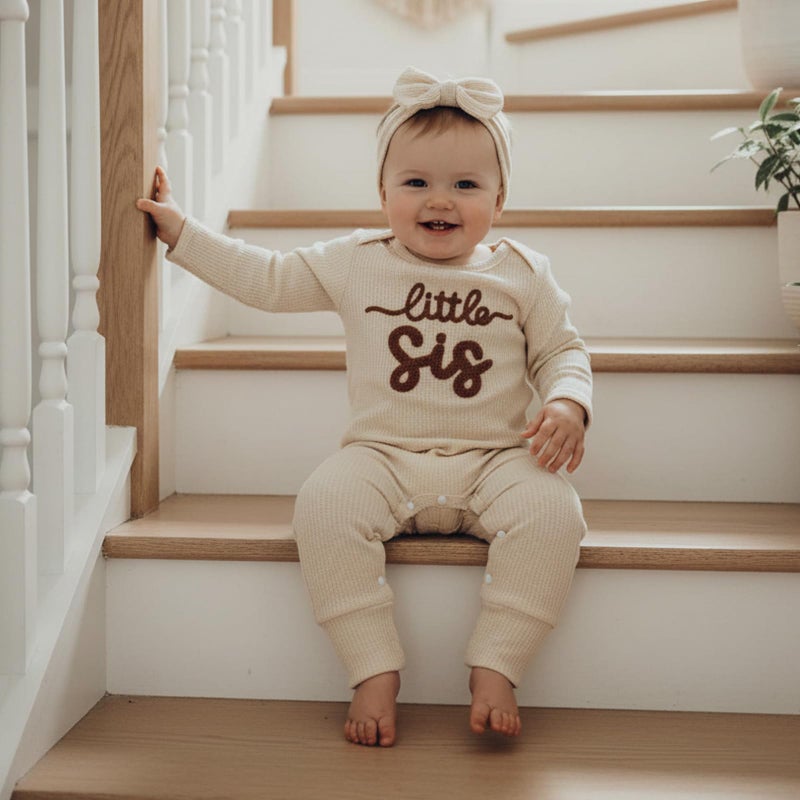 allshope Infant Baby Girl Fall Outfit Sweatshirt Romper Little Sister Lil Sis Long Sleeve Jumpsuit Newborn Clothes (Waffle Little Sis Apricot, Newborn) - Image 3