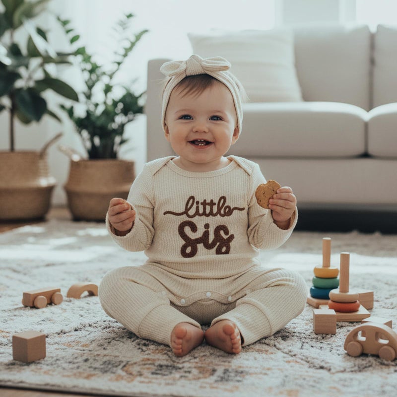 allshope Infant Baby Girl Fall Outfit Sweatshirt Romper Little Sister Lil Sis Long Sleeve Jumpsuit Newborn Clothes (Waffle Little Sis Apricot, Newborn) - Image 4