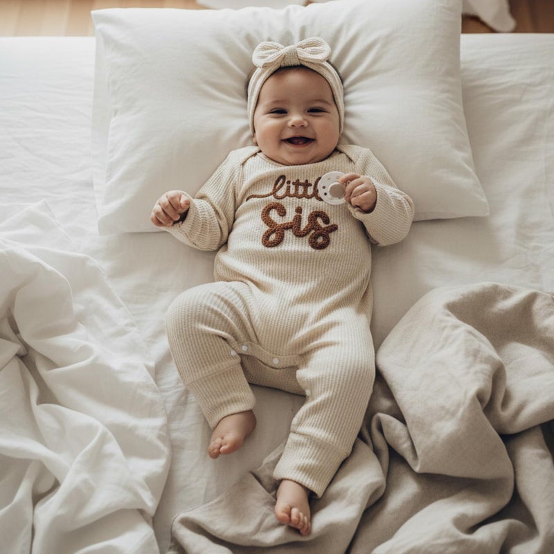 allshope Infant Baby Girl Fall Outfit Sweatshirt Romper Little Sister Lil Sis Long Sleeve Jumpsuit Newborn Clothes (Waffle Little Sis Apricot, Newborn) - Image 5
