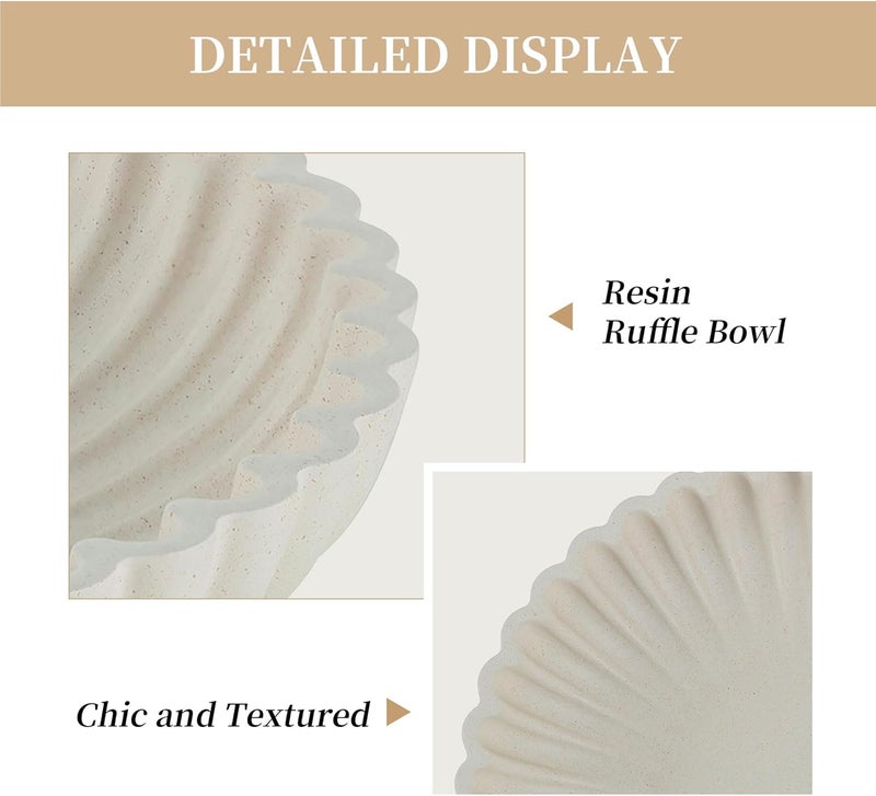 Hanobe Decorative Centerpiece Bowl Decor: Large Fruit Bowls for Home Dinning Kitchen Counter Resin Scalloped Ruffle Key Tray for Living Entryway Coffee Tables - Image 4