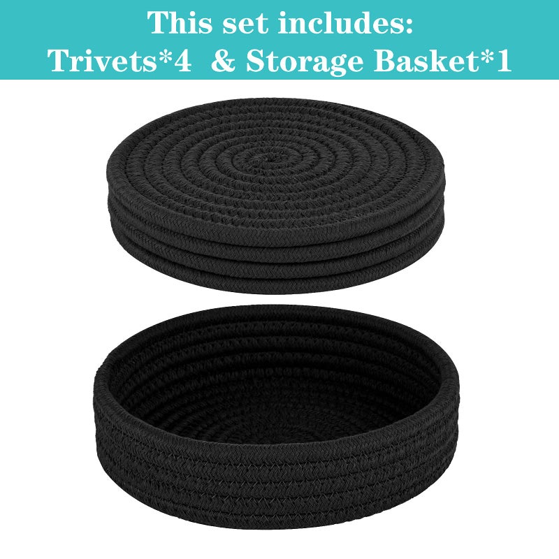 Cazzon Trivets For Hot Dishes  Trivets For Hot Pots And Pans  Heat Resistant Hot Pads With Storage Basket  Pot Holders For Kitchen  Home Essentials  Farmhouse Decor (Black 4 Pcs) - Image 2