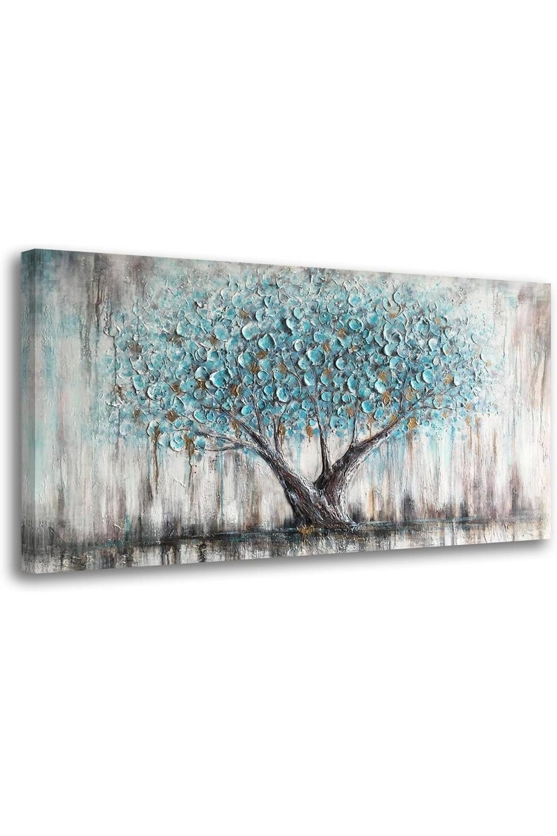 EMODA Teal Blue Tree of Life Large Wall Art Painting Abstract Canvas 60x120 cm Wrap Framed - Image 1