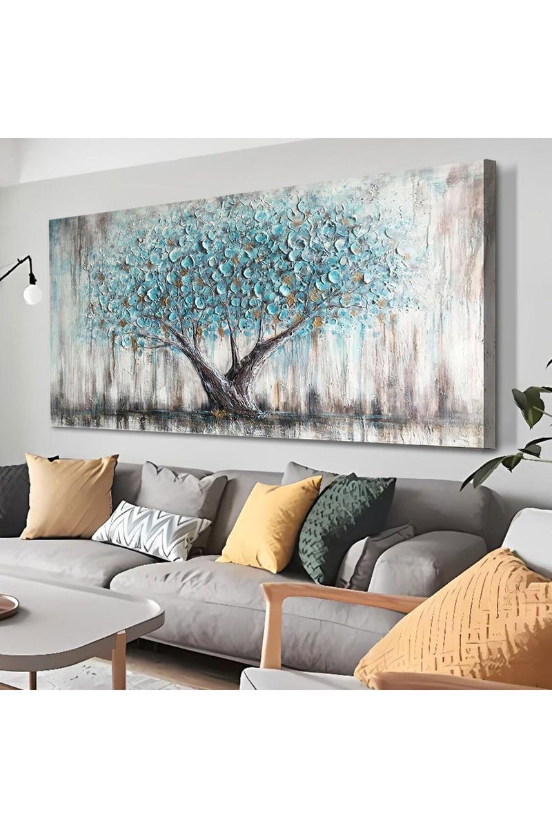 EMODA Teal Blue Tree of Life Large Wall Art Painting Abstract Canvas 60x120 cm Wrap Framed - Image 2