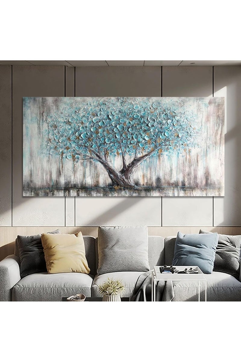 EMODA Teal Blue Tree of Life Large Wall Art Painting Abstract Canvas 60x120 cm Wrap Framed - Image 3