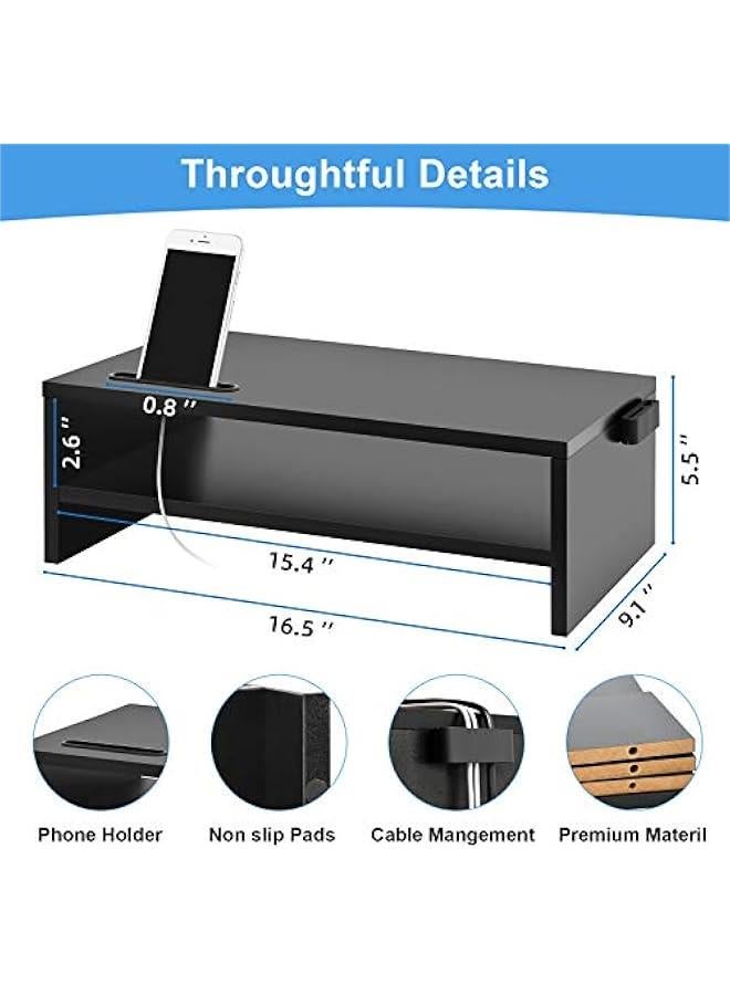 Arabest Monitor Stand Riser, 16.5 Inch 2 Tier Computer Printer Shelf Stand for Laptop Computer Screen Storage, Desktop Stand with Phone Holder and Cable Management Black  - Image 2