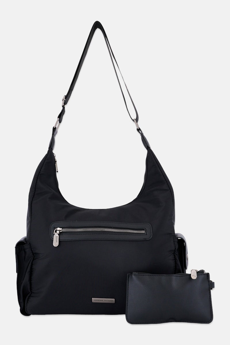 ADRIENNE VITTADINI حقيبة كتف نسائية بشعار العلامة التجارية مع محفظة قابلة للفصل، سوداء - Image 1