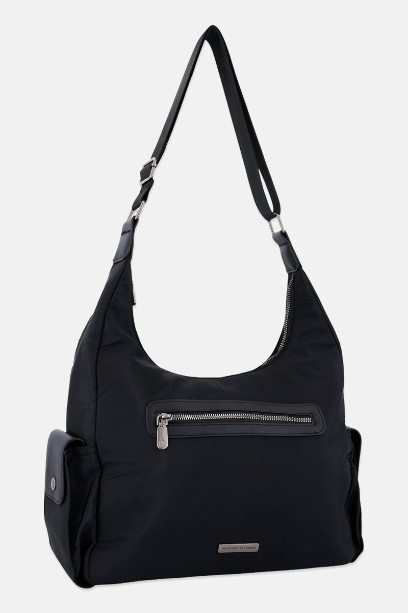 ADRIENNE VITTADINI حقيبة كتف نسائية بشعار العلامة التجارية مع محفظة قابلة للفصل، سوداء - Image 3