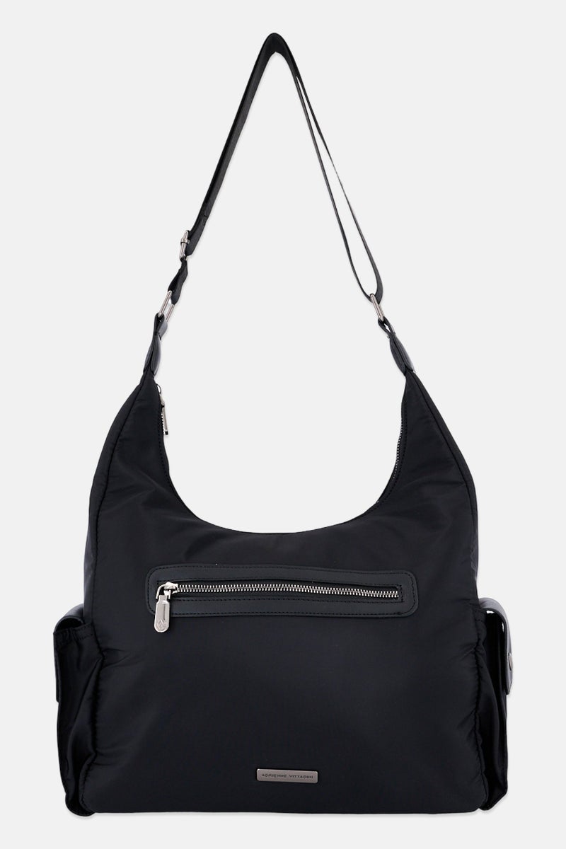 ADRIENNE VITTADINI حقيبة كتف نسائية بشعار العلامة التجارية مع محفظة قابلة للفصل، سوداء - Image 2