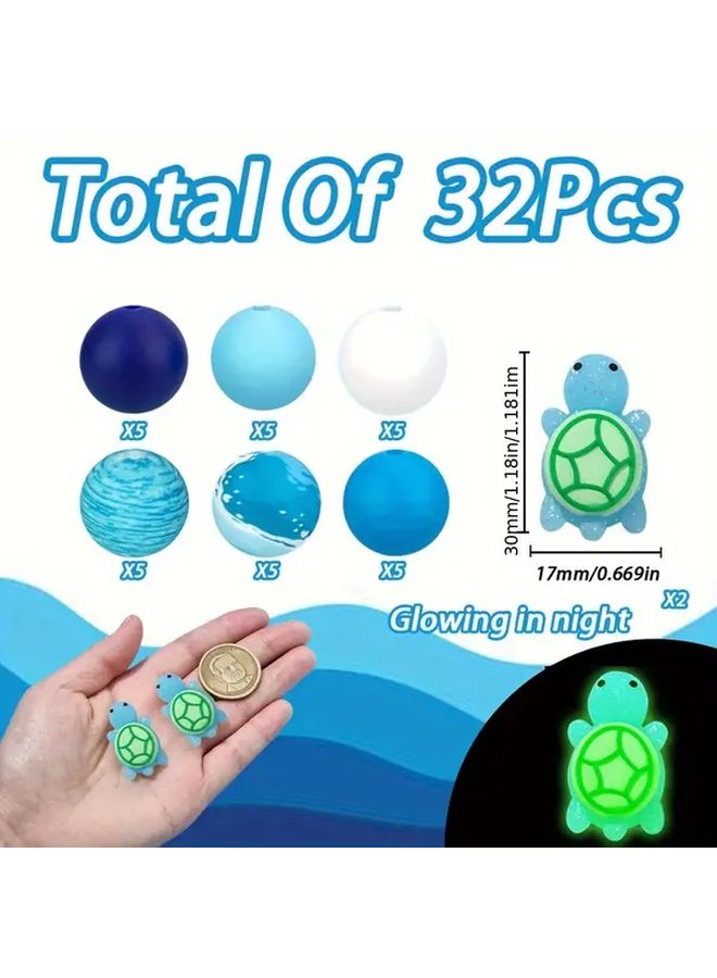 32 Pcs Glow In The Dark Blue Turtle Silicone Beads 15mm Ocean Style Round Beads For Diy Vacation Beach Crafts Pendant Decorations Keychains Phone Straps Pen Decorations And Gift Making - Image 4