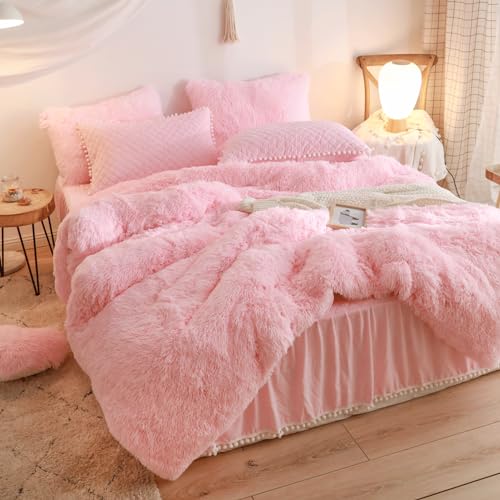 HAIHUA Fluffy Pink Comforter Cover King Set, Soft Fuzzy Furry Bedding King Set 3 Pieces (1 Faux Fur Duvet Cover + 2 Plush Pillow Cases) Fluffy Pink Bed Set, Zipper Closure - Image 5
