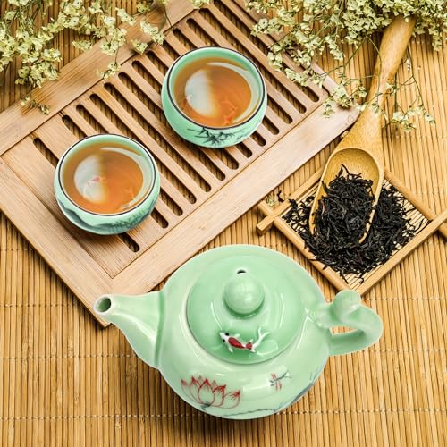 Hotumn Celadon Teacup Porcelain Chinese kungfu Teacup Fishes and Lotus Pattern set of 3 (Celadon) - Image 4