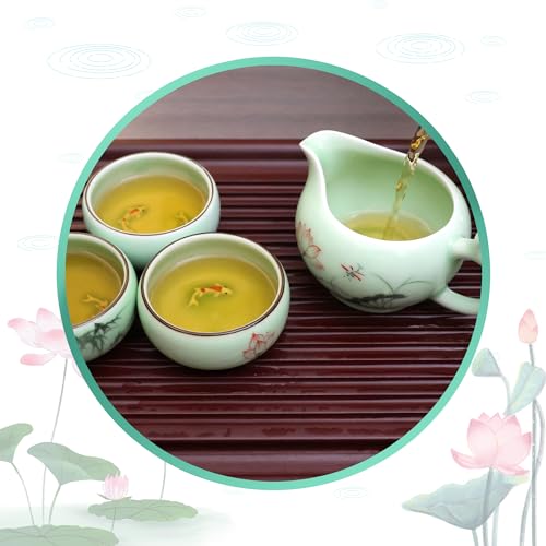 Hotumn Celadon Teacup Porcelain Chinese kungfu Teacup Fishes and Lotus Pattern set of 3 (Celadon) - Image 5