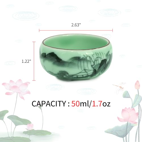 Hotumn Celadon Teacup Porcelain Chinese kungfu Teacup Fishes and Lotus Pattern set of 3 (Celadon) - Image 3