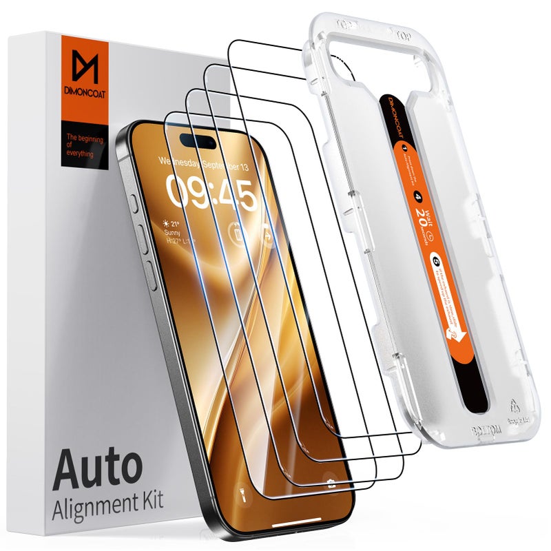 DIMONCOAT 4-PACK Screen Protector Compatible with iPhone 15 Pro Max [Auto Alignment Kit] [10X Military Protection] 15 Pro Max 6.7 inch Tempered Glass Film [Case Friendly] - Image 1